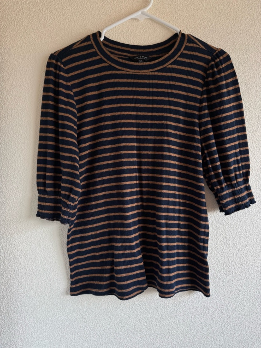 Lucky Brand Navy and Tan Ribbed Stripe Top